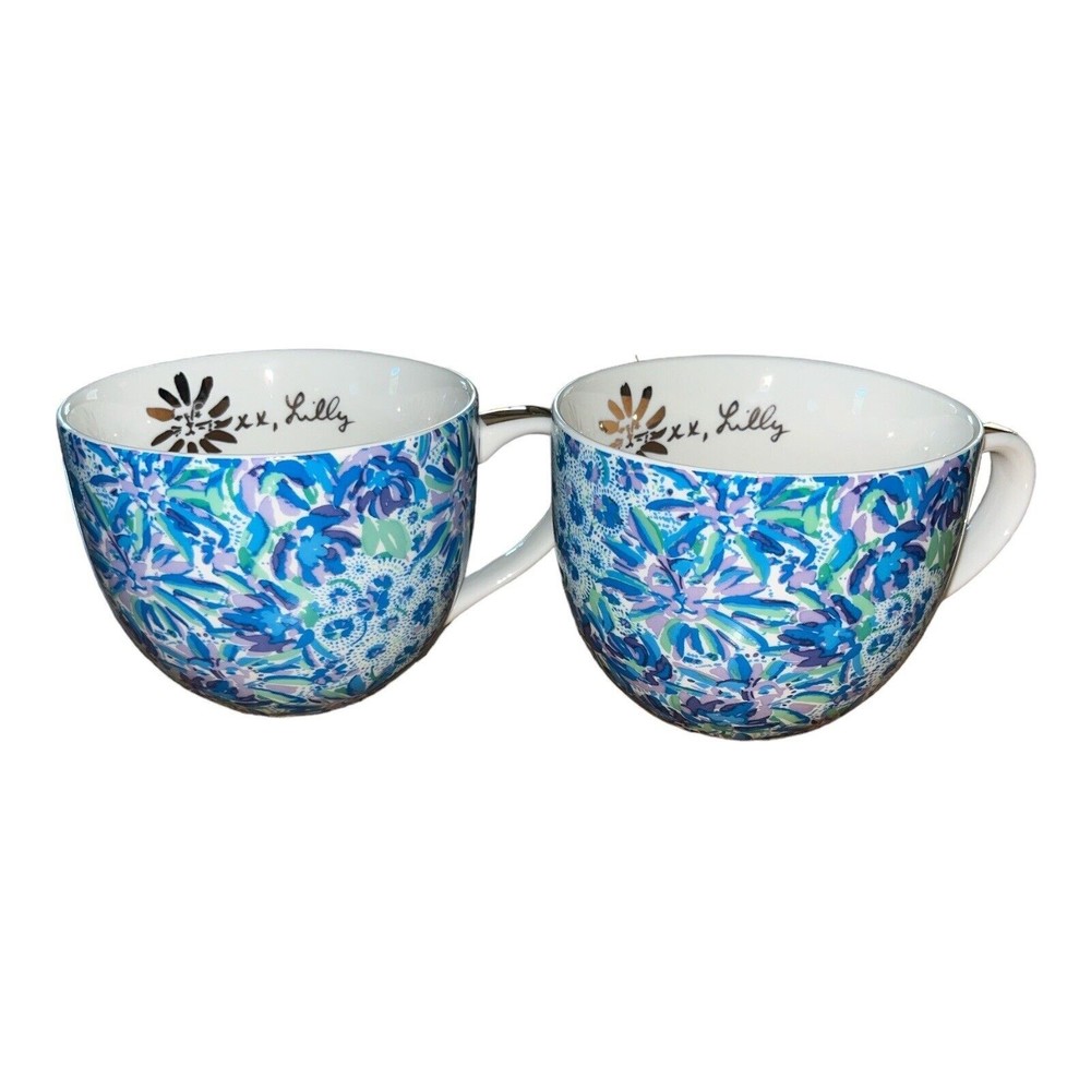 Lilly Pulitzer Hidden Cat Floral Set of 2 Coffee Mug 12 oz Blue Purple EUC